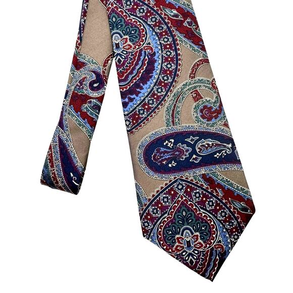 Royal Club | Vintage 100% Italian Silk Mixed Paisley Print Taupe Men's Neck Tie - Picture 1 of 6